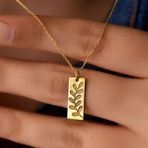 Gold Rectangular Olive Branch Plate Necklace, Sterling Silver Olive Leaf Necklace, Dainty Olive Branch Pendant, Peace Necklace, Gift for Her