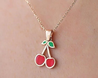 Collier de cerises, 925 argent sterling, pendentif cerise, cadeau pour elle, collier de fruits, bijoux de cerises, cadeau d’anniversaire, mignon, bijoux de fruits