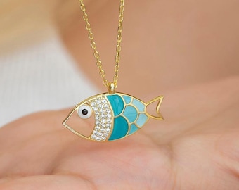 Gold Turquoise Fish Necklace, 925 Sterling Silver