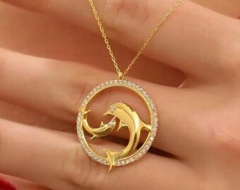 Gold Zircon Dolphin Necklace - 925 Sterling Silver - Dolphin Pendant - Necklace for Women - Ocean Necklace - Gift for Her - Animal Necklace