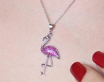 Sterling Silver Flamingo Necklace: Pink Zircon Pendant, Handmade