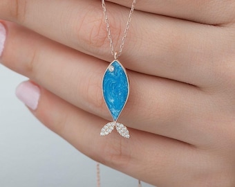 Blue Enamel Fish Necklace, 925 Sterling Silver, Rose Gold Plated, Zircon Detail