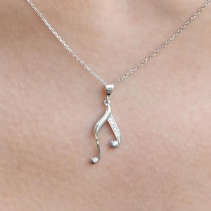 Sterling Silver Music Note Necklace: Handmade Zircon Pendant