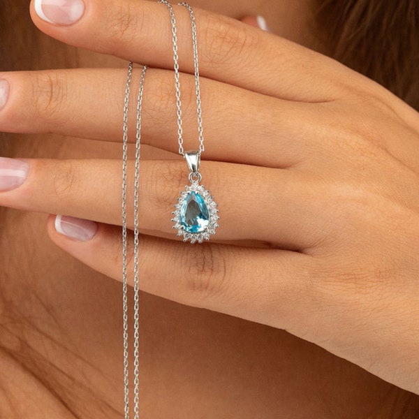 Collier modèle goutte en zircon bleu, argent sterling 925, cadeau pour elle, collier fait main, bijoux avec pierre de naissance, cadeau de Noël, délicat, collier de mariage