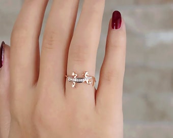 Anello lucertola in argento sterling: gioiello geco in oro rosa, pietra zircone