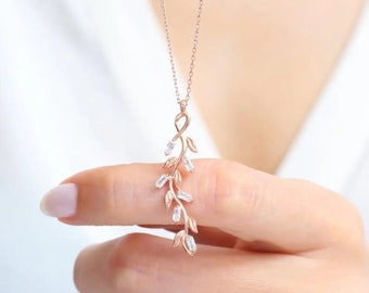 White Olive Branch Necklace - 925 Sterling Silver - Leaf Necklace - Branch Necklace - Olive Branch Pendant - Gift for Her - Handmade - Peace