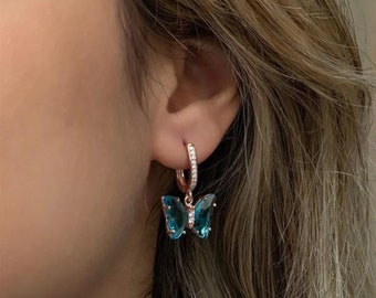 Boucles d'oreilles papillon turquoise et zircon - Fait main - Unique - Cadeau pour elle - Boucles d'oreilles pendantes - Argent sterling 925 - Minimaliste - Boucles d'oreilles animaux