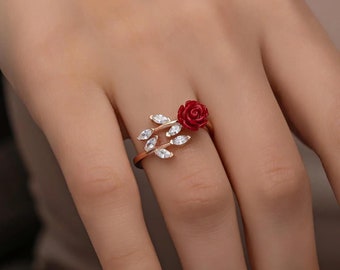 Anello rosa rossa: anello floreale regolabile fatto a mano in argento sterling 925