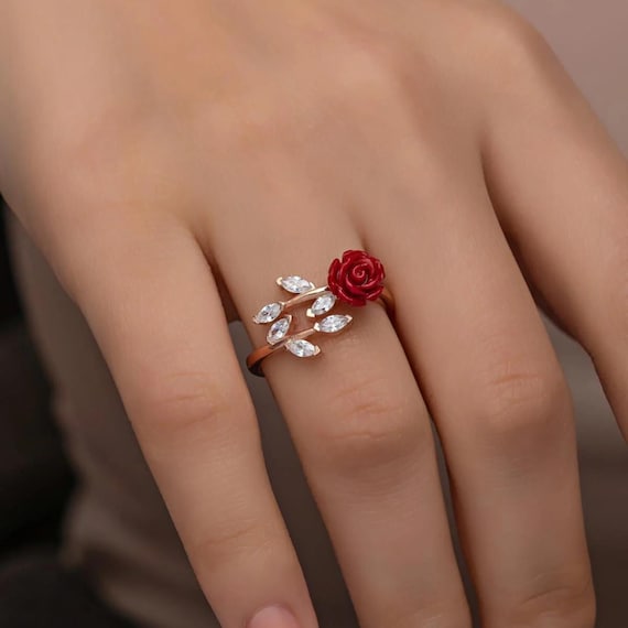 Red Rose Ring: Handmade 925 Sterling Silver Adjustable Floral Ring