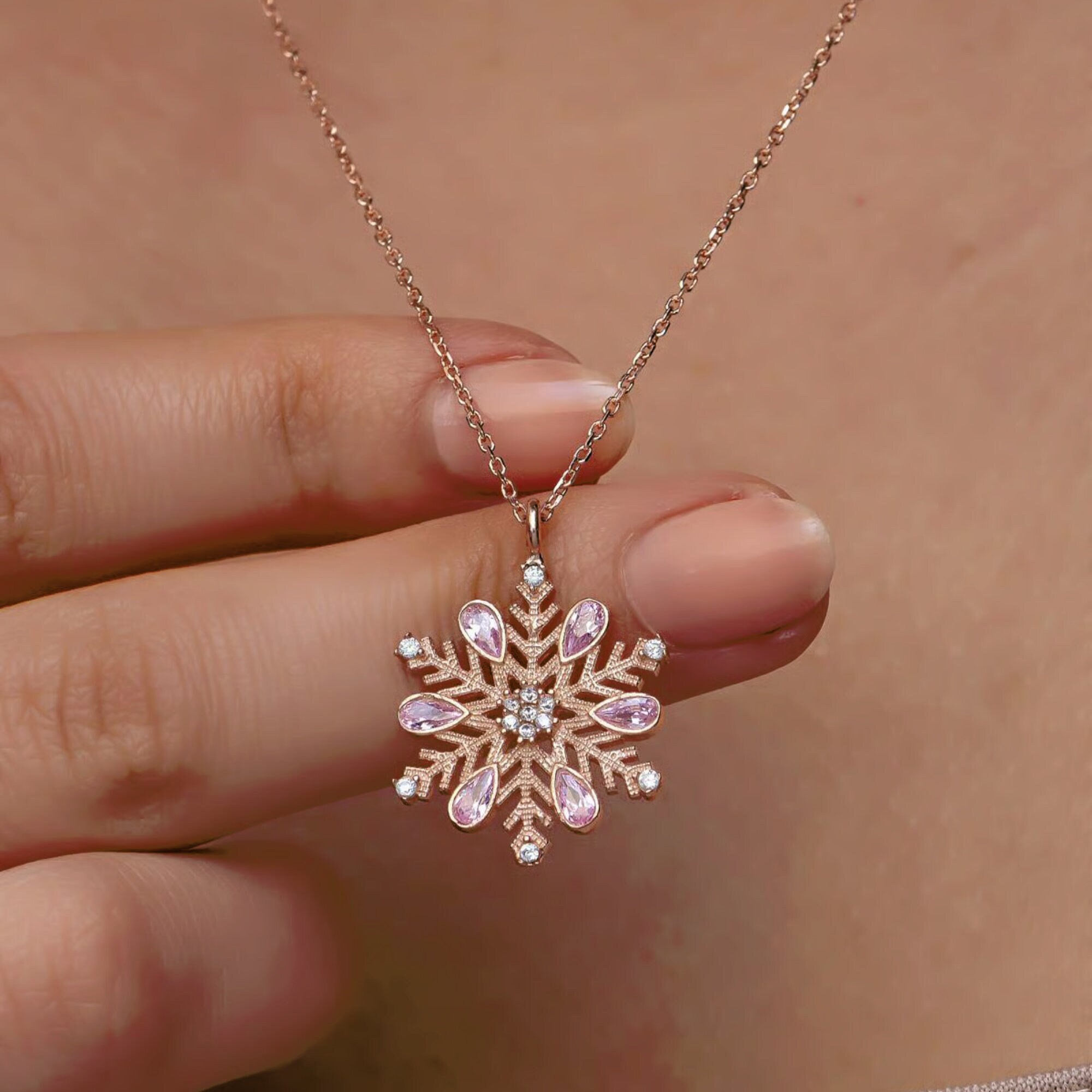 Pink Snowflake Necklace - 925 Sterling Silver - Winter Necklace - Christmas Necklace -  Snowflake Pendant - Gift for Her - Snowflake Jewelry