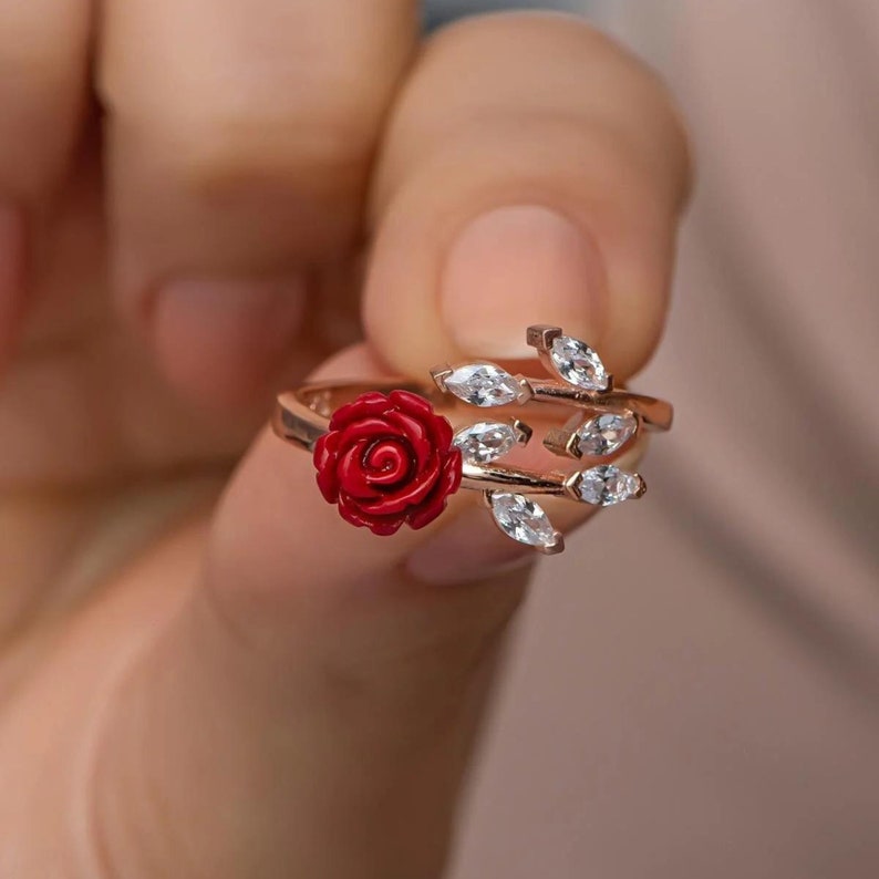 Red Rose Ring: Handmade 925 Sterling Silver Adjustable Floral Ring - Etsy