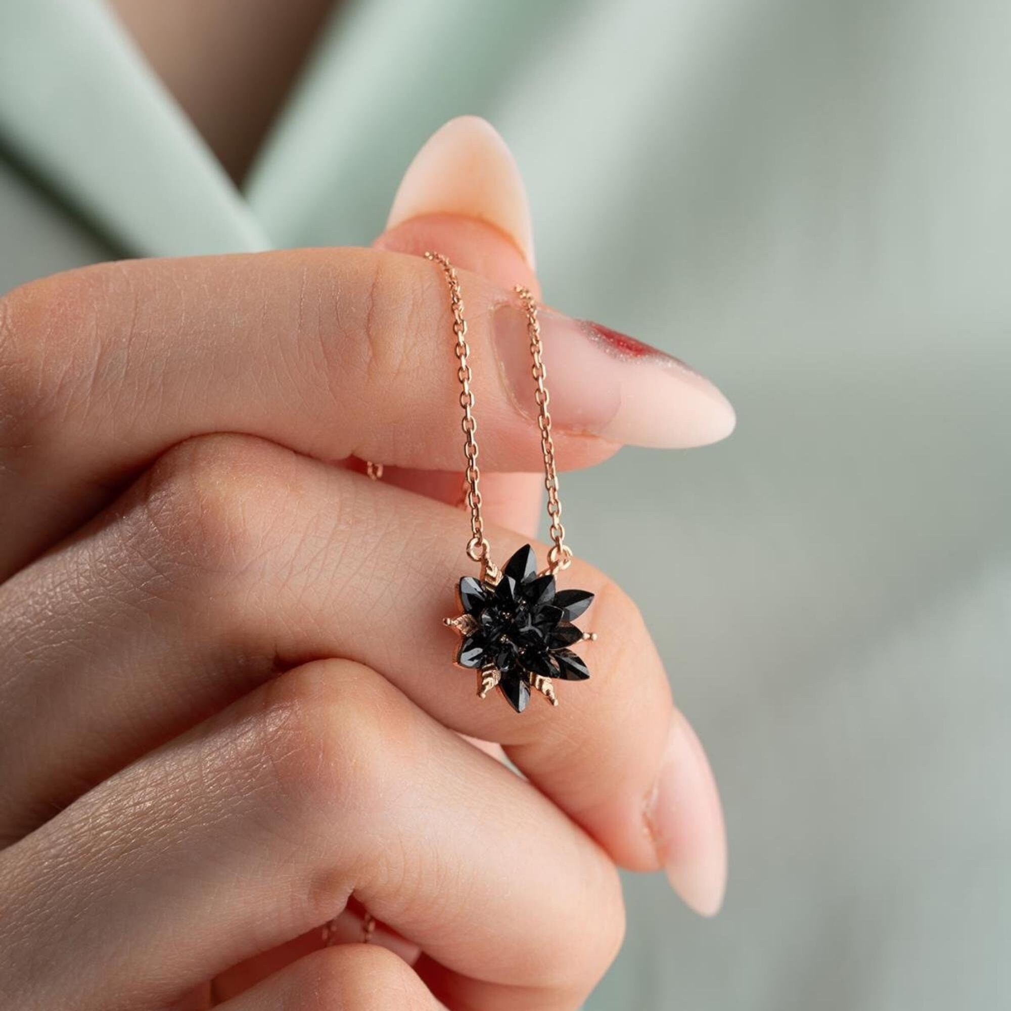 Sterling Silver Black Onyx Lotus Necklace for Women, Minimalist Lotus Yoga Necklace, Gift for Her, Dainty Flower Pendant, Birthday Gift