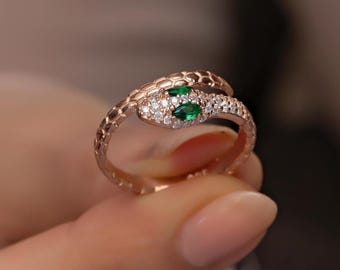 Rose Gold Emerald Snake Ring: Adjustable Sterling Silver Serpent