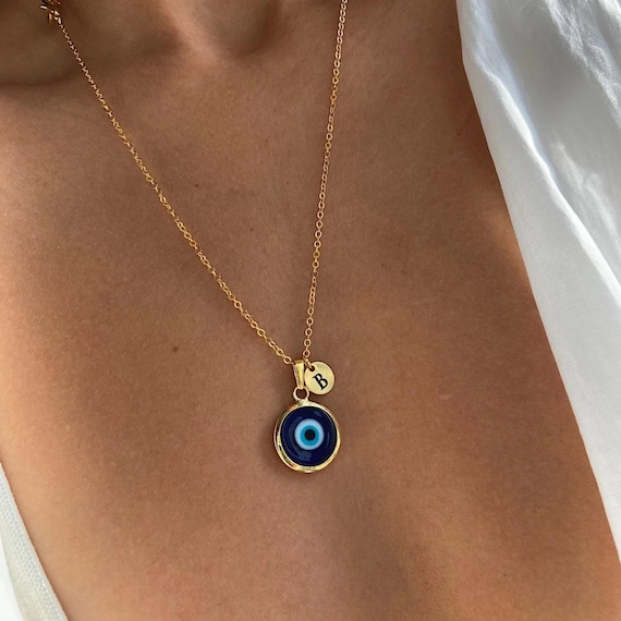 Navy Blue Evil Eye Necklace: Murano Glass Initial Pendant, Gold