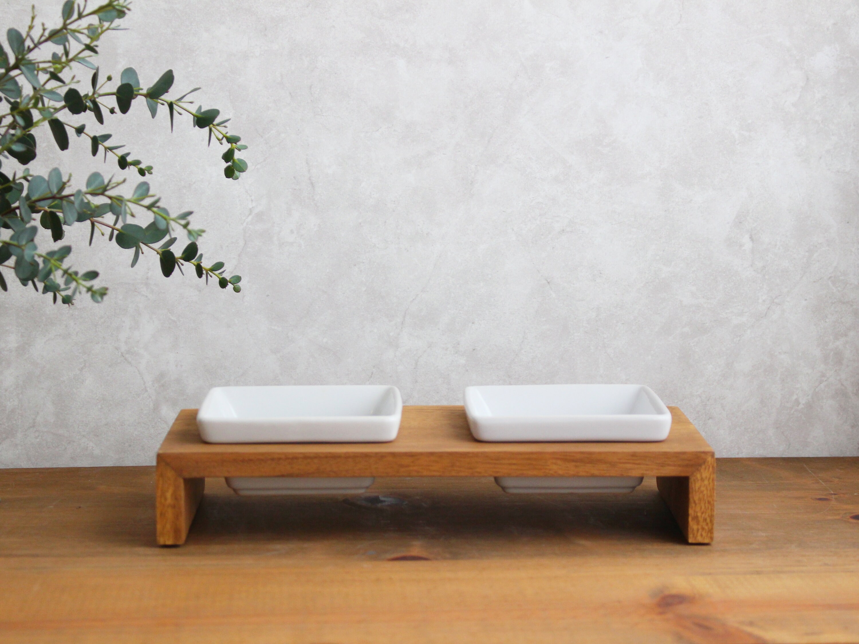 MESHIDAI -MUKU - Double SS2 , Pet food bowl - 30(W) X 15(L) X 5(H) (cm), cat food, dog food bowl, Wood style, pet food stand, Interior
