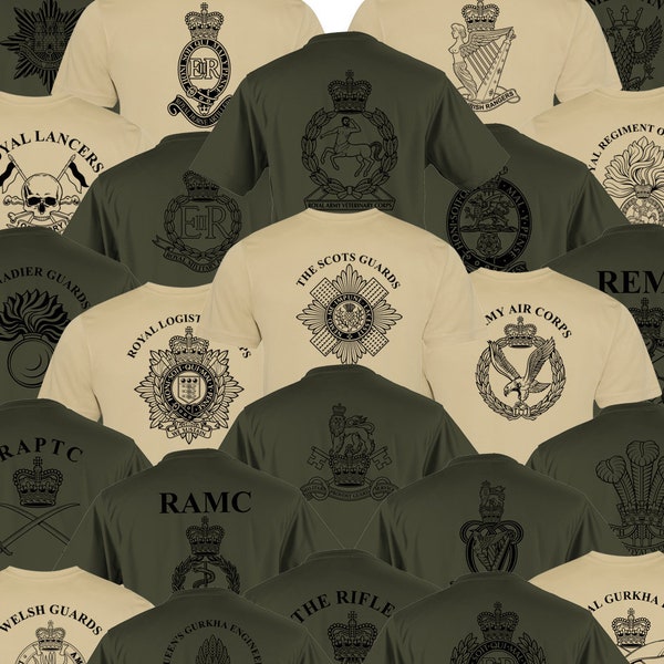 Doppelseitig bedrucktes Army Dochtleistung Tshirt HM Rtr Para Reme Rgr Ramc RE Pwrr (Farbe Khaki / Sand)