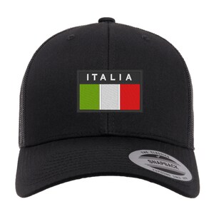 May include: Black trucker hat with a white patch that says "ITALIA" and features the Italian flag in green, white, and red.