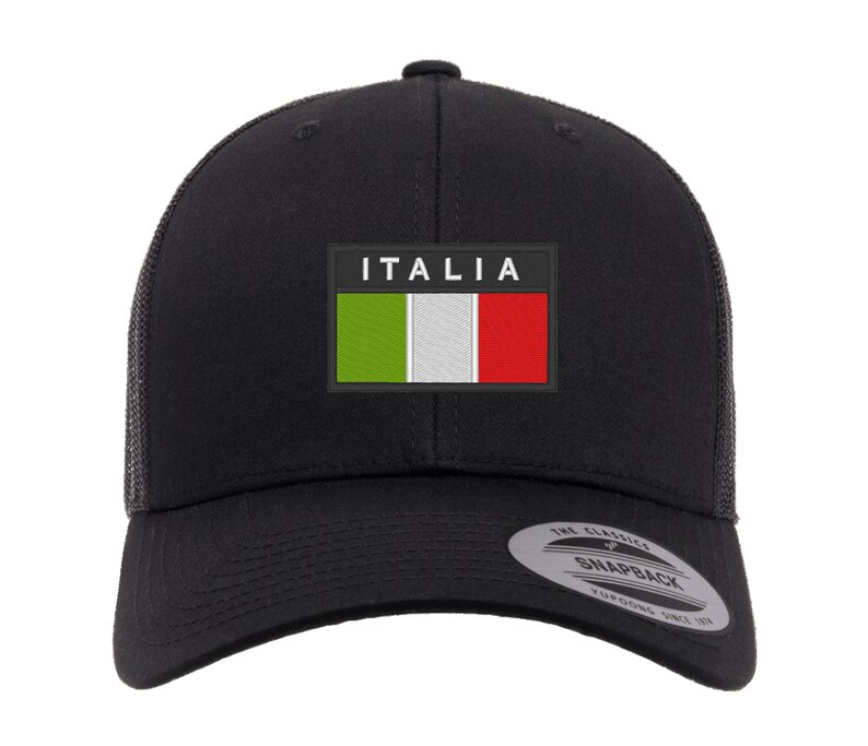 May include: Black trucker hat with a white patch that says "ITALIA" and features the Italian flag in green, white, and red.