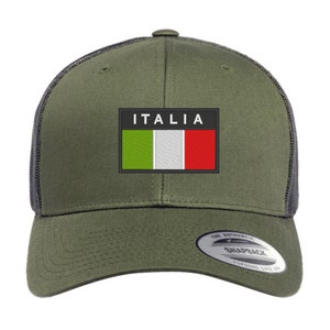 May include: A green and black trucker hat with a black patch that says "ITALIA" and features the Italian flag.