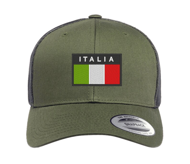 May include: A green and black trucker hat with a black patch that says "ITALIA" and features the Italian flag.
