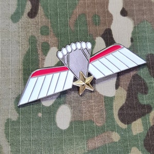 Op de afbeelding: Een metalen speld met een ontwerp van vleugels met rode accenten, een parachute en een gouden ster. De vleugels zijn wit met rode randen. De speld is geplaatst tegen een camouflage achtergrond.