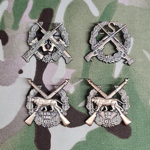 Könnte beinhalten: Vier bronzene militärische Abzeichen mit gekreuzten Gewehren und Lorbeerkränzen. Zwei Abzeichen zeigen einen Löwen und den Text "ARMY 100" und "AR 50". Ein Abzeichen trägt den Buchstaben "S" und das andere keinen Text.