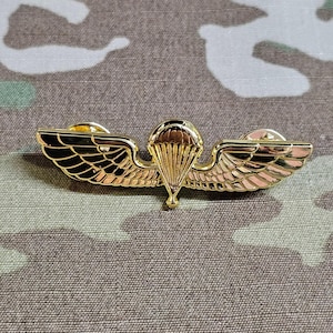 May include: A gold-colored military paratrooper badge with wings and a parachute. The badge is on a camouflage fabric background.