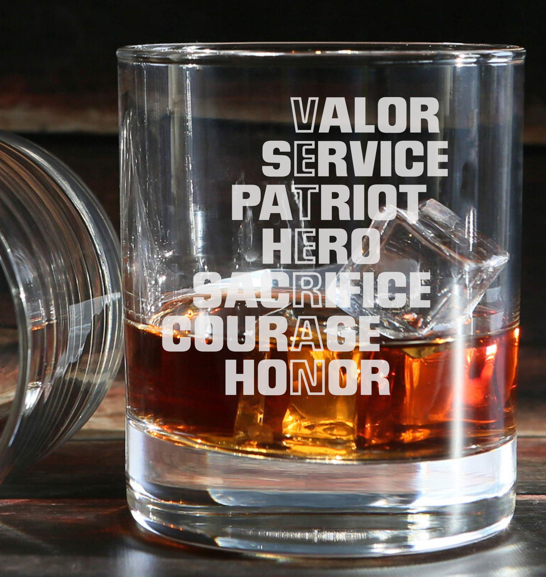 Veteran Anagram - Valor - Service - Hero - Patriot - Engraved Whiskey Tumbler Glass 330ml -Army / Navy / RAF / Marines / Police / Ambulance