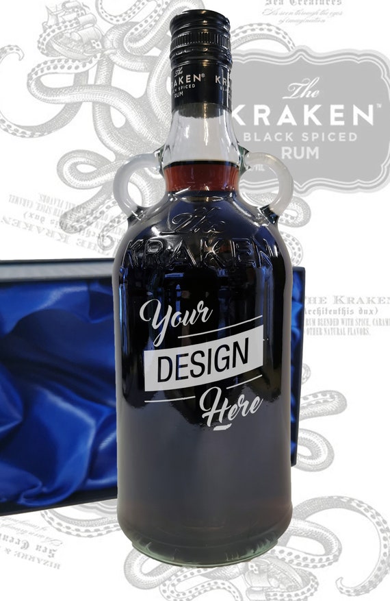 Sand carved bottle of kraken rum with logo & message Sand Blasted