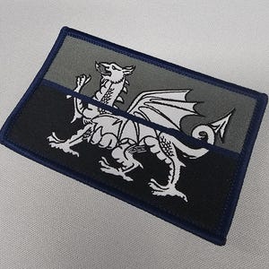 May include: Embroidered patch with a white dragon design on a black and grey background. The patch has a navy blue border. The dragon is a stylized representation of a mythical creature.
