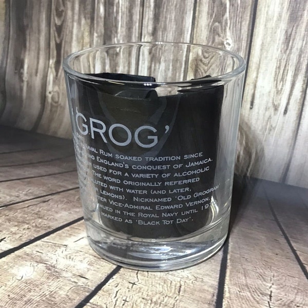 Royal Navy GROG / The story / History / Recipe - Engraved Whiskey Tumbler Glass 330ml - we can engrave any design - rum - quart -ration