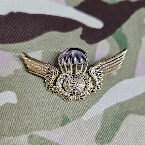 May include: A gold-colored military badge featuring a parachute, wings, and a globe design. The badge has intricate detailing and is set against a camouflage background. The wings are outstretched, and the parachute is silver.