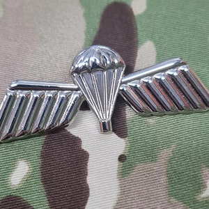 Op de afbeelding: Een zilveren metalen parachutistenbadge met vleugels en een parachute. De badge is ontworpen om op een uniform te worden gedragen.