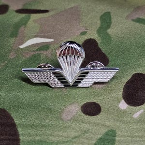 May include: A silver-colored military parachute badge with a detailed parachute design at the top and wings on either side. The badge has a textured surface and is set against a camouflage background.