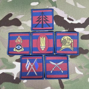 Op de afbeelding: Een verzameling van zeven geborduurde patches met een rood en blauw gestreepte achtergrond. Elke patch toont een ander embleem, waaronder een boom, een vlam met een oog, een bom, een duikhelm, gekruiste vlaggen en gekruiste messen. Op een camouflage achtergrond.