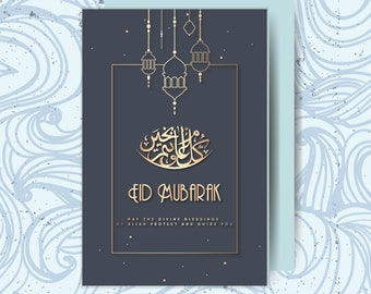 Könnte beinhalten: Eine dunkelblaue Karte mit einem goldenen Design einer Moschee und Laternen. Der Text "Eid Mubarak" ist in goldener Kalligraphie geschrieben. Die Karte lautet "Mögen die göttlichen Segnungen Allahs dich beschützen und führen."