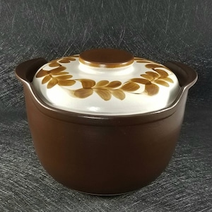 May include: A brown ceramic casserole dish with a white lid. The lid has a brown floral design. The dish has two handles.
