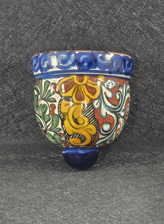 アンティーク雑貨 Vintage Talavera Mexican FolkArt Pottery Talavera Pottery Mexican Folk Art Wall Hanging Planter Pocket Hand