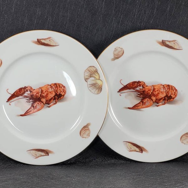 2 Vintage WK Kuba Hein Heinrich Porzellan Lobster Seashells Dinner Plates  10" Bavaria  Germany
