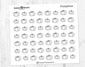 May include: A sheet of white stickers featuring numerous outline drawings of pumpkins. The word "Pumpkins" is printed at the top right. The brand name "Happy Sherpa Paperie" is printed at the top left.
