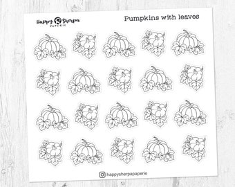 May include: A sticker sheet featuring twenty individual black and white line art illustrations of pumpkins with leaves. The text 'Happy Sherpa PAPERIE', 'Pumpkins with leaves', and 'happysherpapaperie' is printed on the white rectangular sheet.