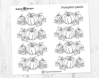 May include: Sheet of stickers featuring black and white pumpkin illustrations with leaves. The text "Pumpkin patch" is at the top, and the Happy Sherpa Paperie logo is in the corner. The stickers are arranged in rows and columns.