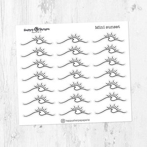 May include: A sheet of 18 mini sunset stickers. Each sticker features a black line drawing of a sun setting over a wave. The stickers are on a white background. The text "Mini sunset" is printed at the top of the sheet. The text "Happy Sherpa Paperie" is printed at the bottom of the sheet.