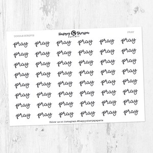 May include: White sticker sheet with the word "pray" in a handwritten script repeated multiple times. The sheet includes the Happy Sherpa Paperie logo and the text "follow us on Instagram @happysherpapaperie".
