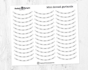 May include: A sheet of white sticker paper with 20 black and white mini dotted garland stickers. The stickers are arranged in rows and are all the same size. The text "Mini dotted garlands" is printed at the top of the sheet.