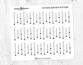 May include: A sheet of white sticker paper with black dotted lines and diamond shapes. The text "Dotted sparkle strings" is printed at the top of the sheet. The text "Happy Sherpa Paperie" is printed in the top left corner.