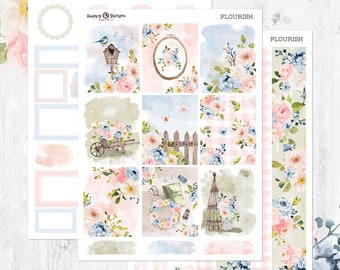 May include: A set of 10 floral themed planner stickers with a watercolor design. The stickers feature a variety of floral patterns, including roses, bluebells, and hydrangeas. The stickers also include a birdhouse, a wheelbarrow, a fence, and a bird. The stickers are perfect for adding a touch of whimsy and charm to your planner.