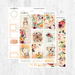 May include: A set of planner stickers with a seasonal autumn theme. The stickers feature watercolour illustrations of pumpkins, flowers, and rustic elements. The colour palette includes orange, burgundy, and cream. The text "Pumpkin Patch" is visible.