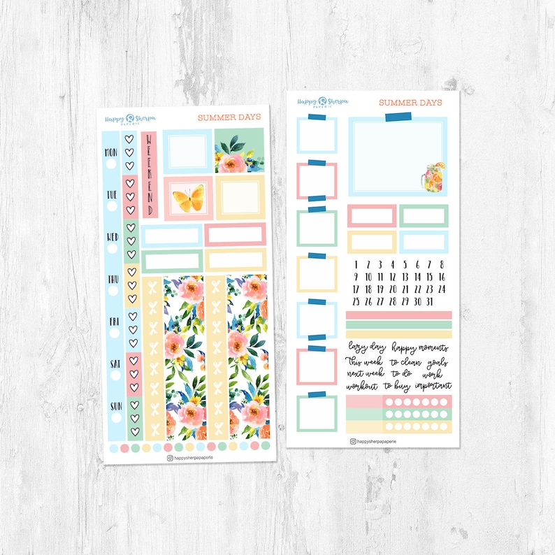 May include: A set of colorful floral themed planner stickers with a summer theme. The stickers include a weekly planner, a monthly calendar, and a variety of other decorative stickers. The stickers are perfect for adding a touch of whimsy to your planner.
