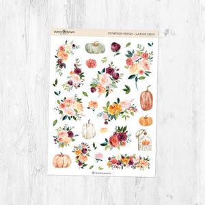 May include: A sheet of decorative stickers featuring watercolour illustrations of pumpkins and floral arrangements in shades of orange, burgundy, and cream. The text "Pumpkin Patch - Large Deco" is at the top.